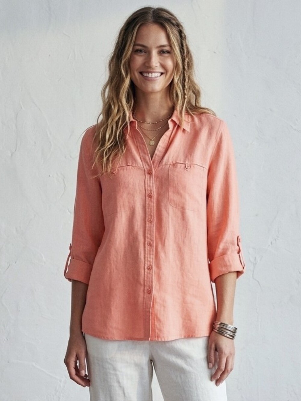 Olsen 100% linen button down shirt pastel salmon pink size 14
